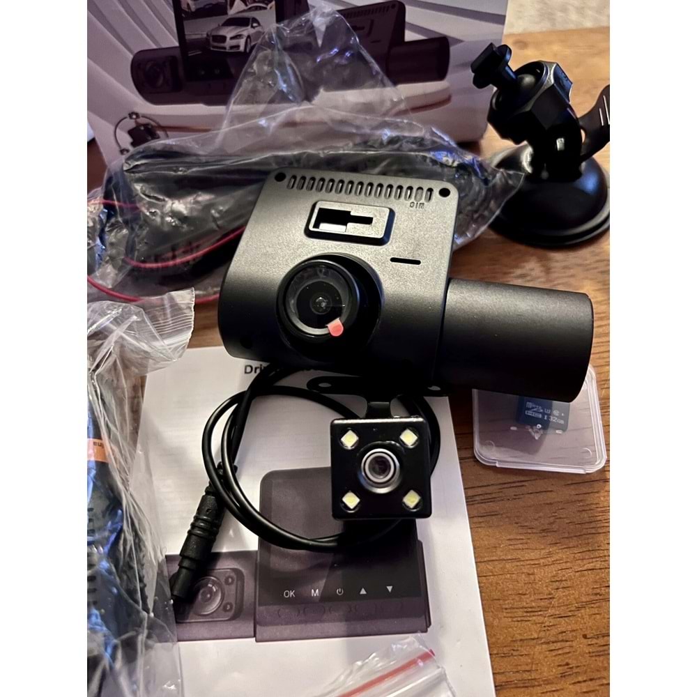 GLRTECH HD Araç kamerası Geniş Görüş Açısı Ön Arka ve Araç içi 3 Kamera Kanal Desteği, Hareket Dedektör Desteği, TF Kart Desteği Dash Cam (0076)