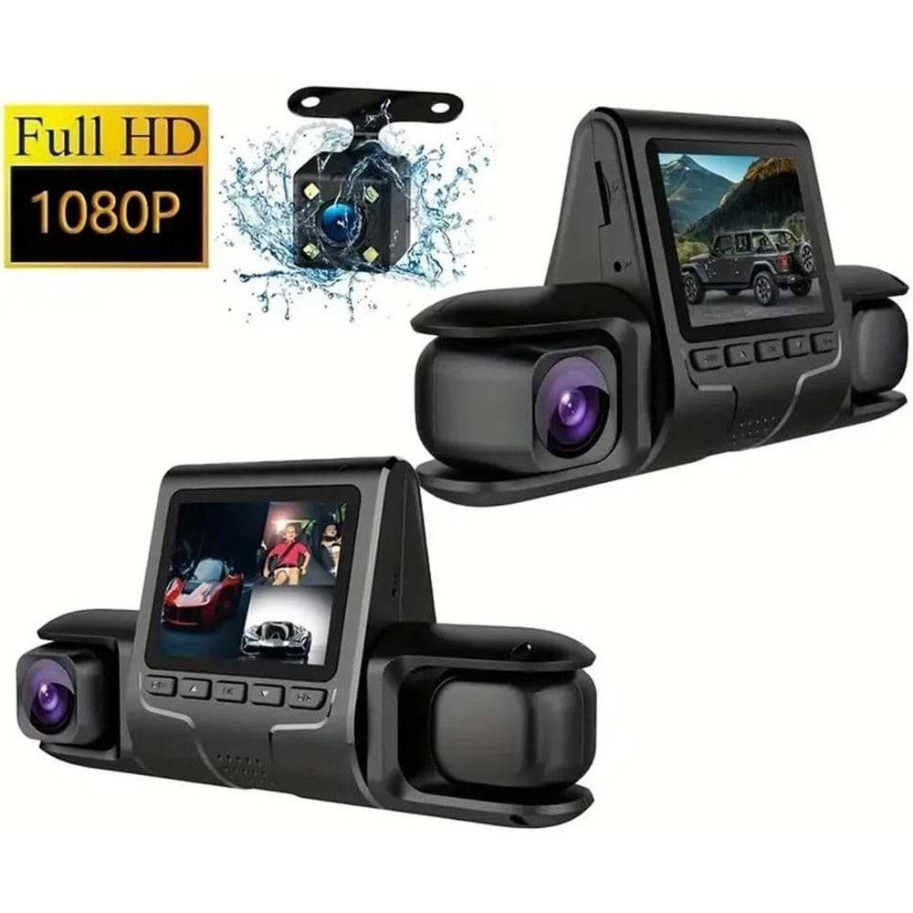 Araba DVR Kamera 3 Kamera Lens 1080 P HD Dash Kamera Video Kaydedici Siyah 24 H Park Izleme Dashcam