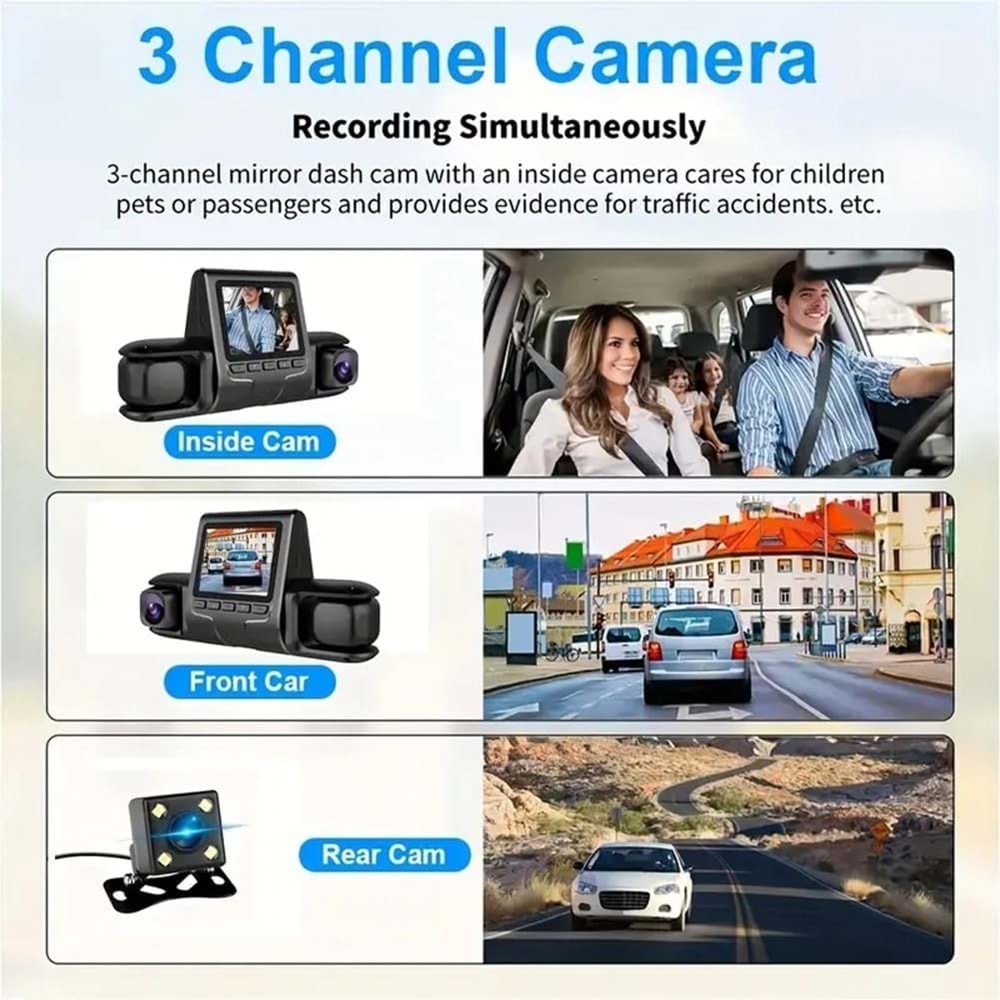 Araba DVR Kamera 3 Kamera Lens 1080 P HD Dash Kamera Video Kaydedici Siyah 24 H Park Izleme Dashcam