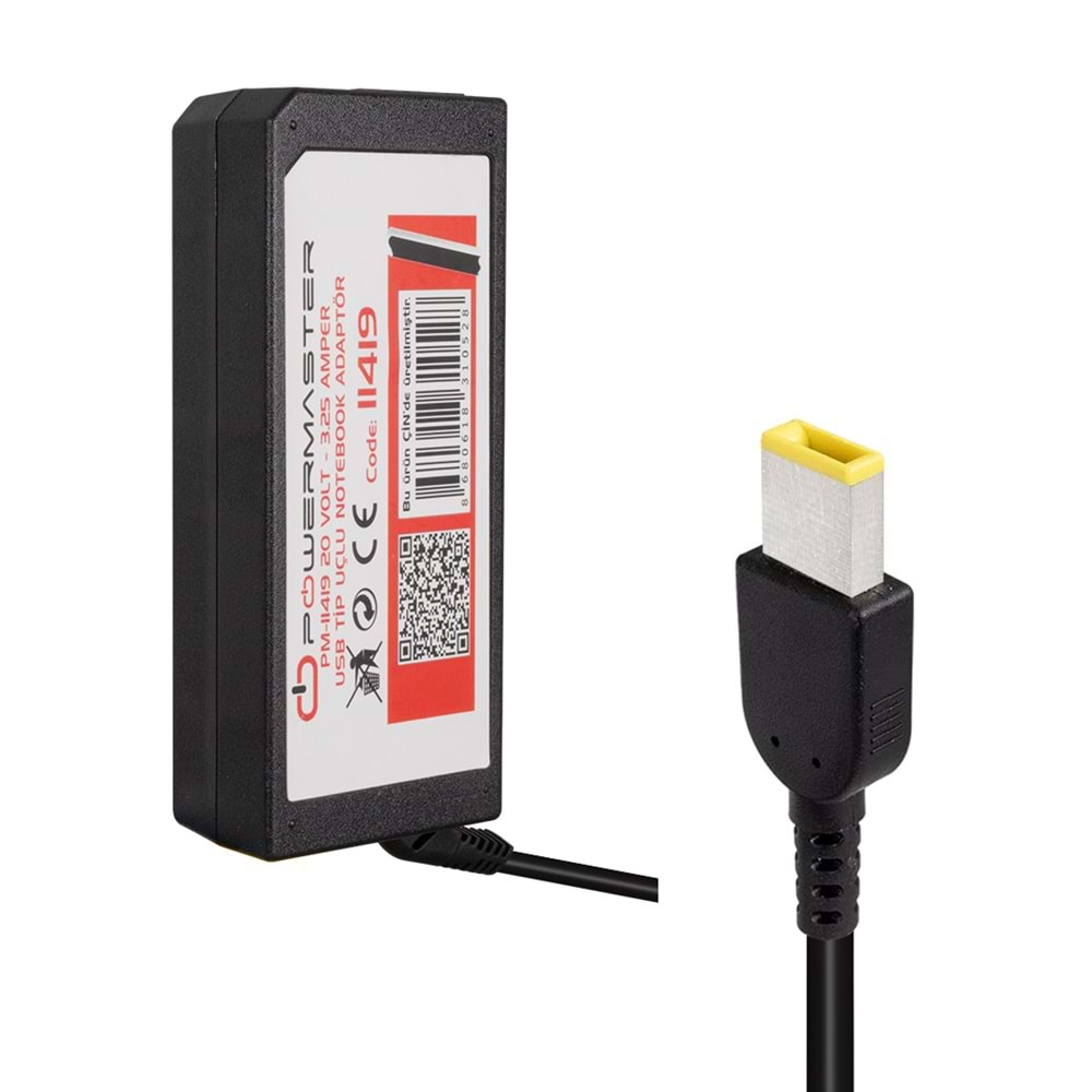 POWERMASTER PM-11419 20 VOLT - 3.25 AMPER USB TİP UÇLU LENOVO IBM NOTEBOOK ADAPTÖR ( + POWER KABLOSUNU UNUTMA)