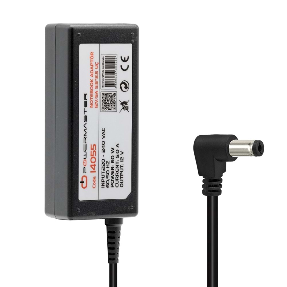 POWERMASTER PM-14055 12 VOLT - 5 AMPER 5.5*2.5 UÇLU PLASTİK KASA MASAÜSTÜ ADAPTÖR