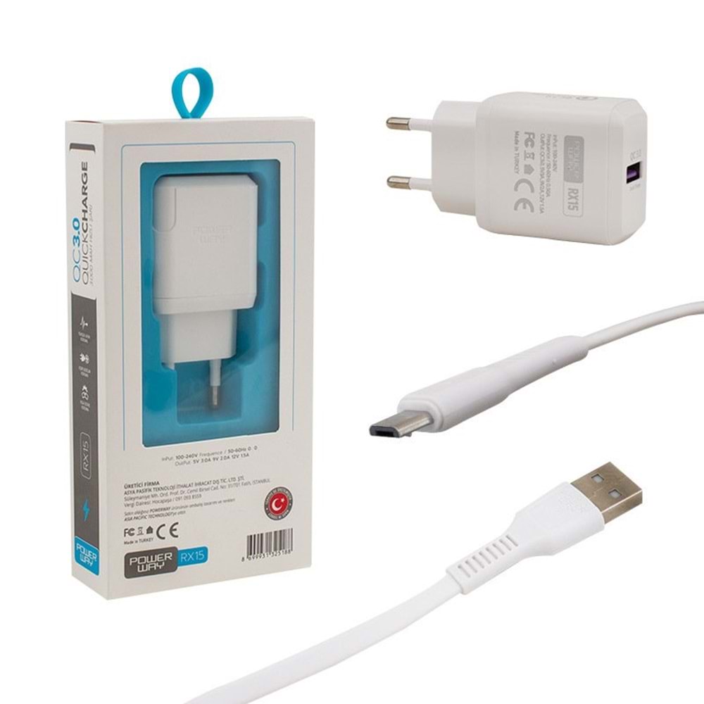 POWERWAY RX-15 5 VOLT 3000MA QC 3.0 SAMSUNG MICRO USB HIZLI ŞARJ ALETİ + KABLO