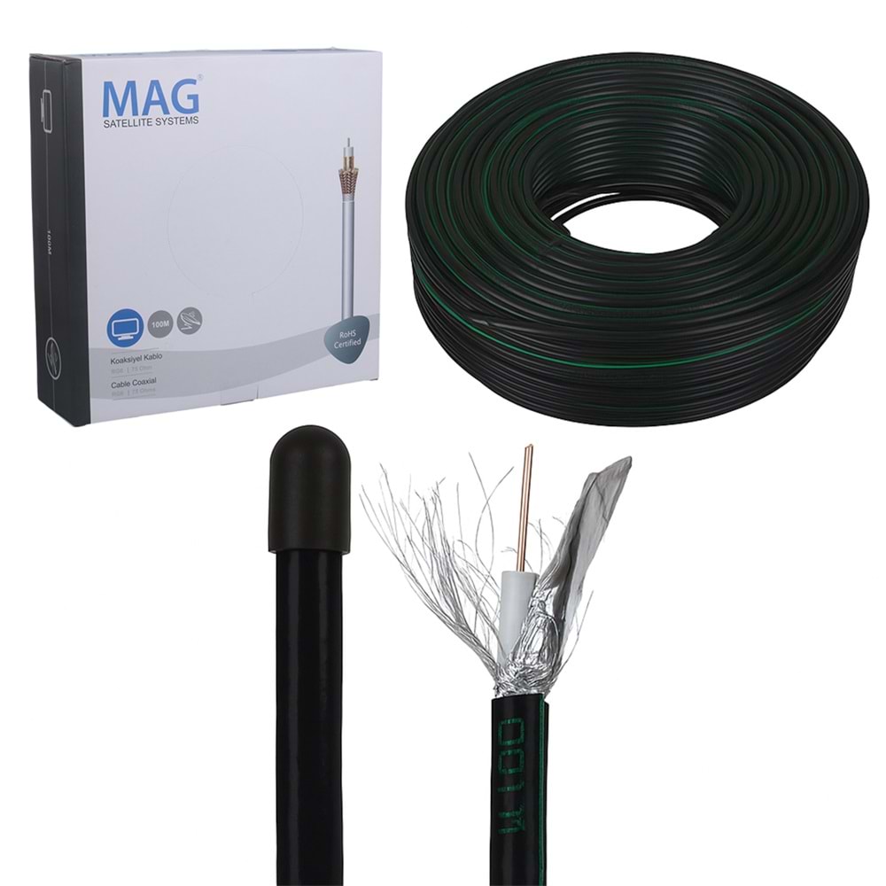 MAG RG6/U6 BAKIR CU/CU 80 TEL SİYAH ANTEN KABLOSU (100 METRE)