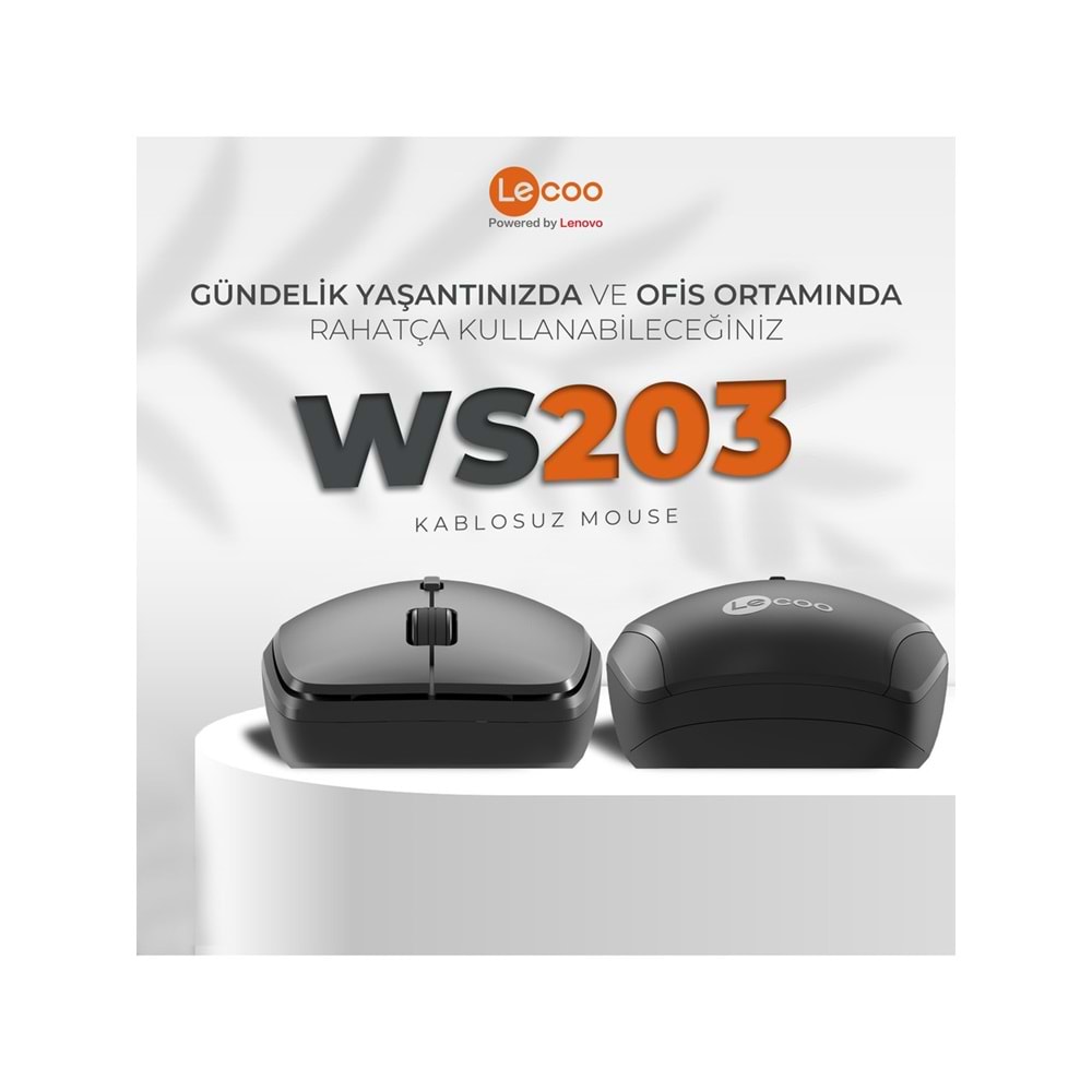 LENOVO LECOO WS203 2400 DPI 4 TUŞLU KABLOSUZ MOUSE SİYAH