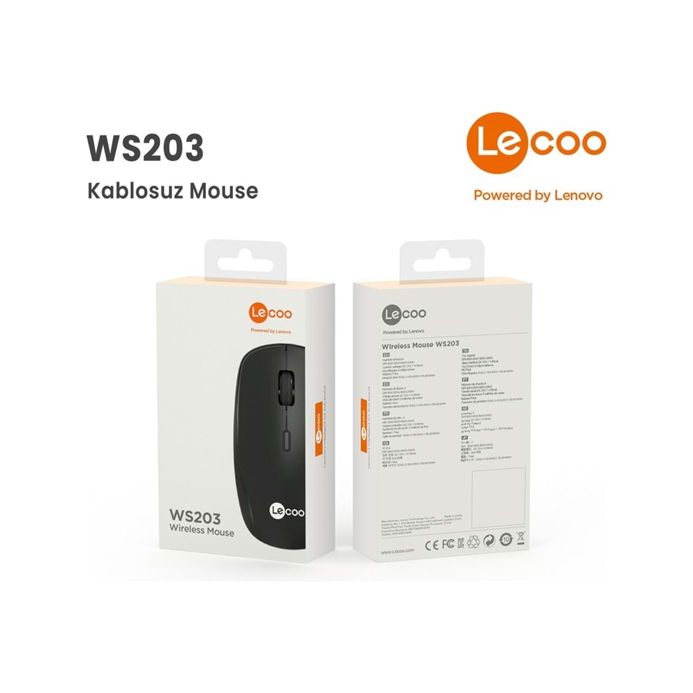 LENOVO LECOO WS203 2400 DPI 4 TUŞLU KABLOSUZ MOUSE SİYAH