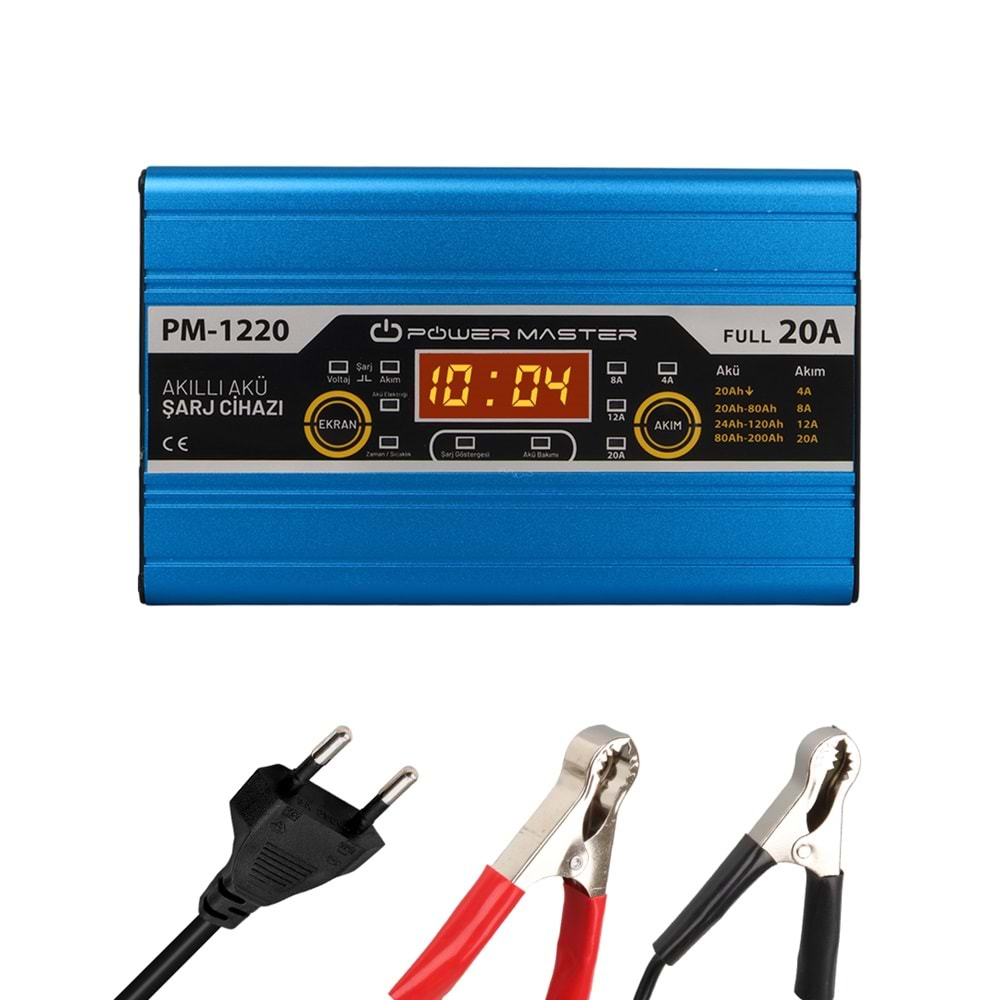 POWERMASTER PM-1220 12 VOLT MAX 20 AMPER LCD EKRANLI AKÜ ŞARJ CİHAZI