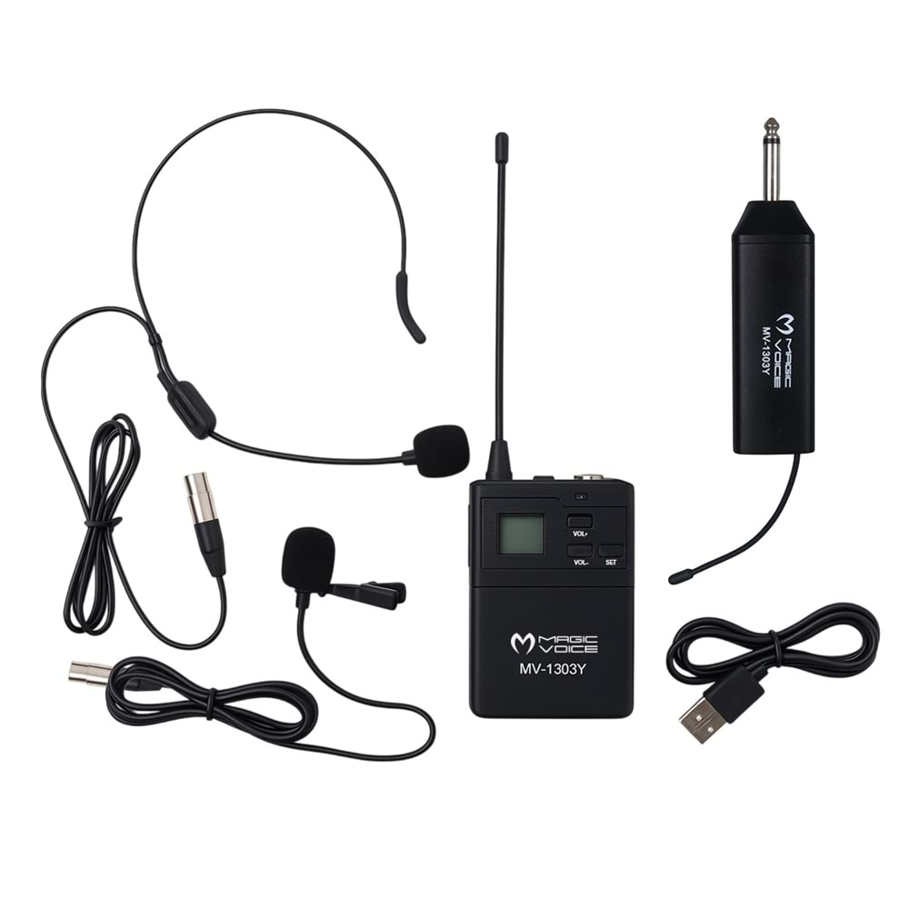 MAGICVOICE MV-1303Y UHF 1 YAKA + 1 HEADSET KABLOSUZ TELSİZ MİKROFON