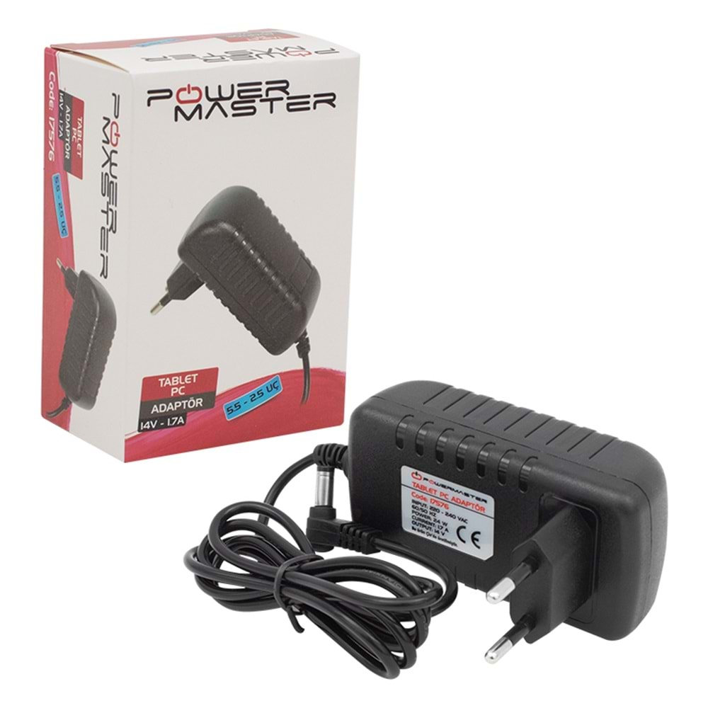 POWERMASTER 14 VOLT - 1.7 AMPER - 24 WATT 5.5*2.5 L UÇLU PLASTİK KASA PRİZ TİPİ ADAPTÖR