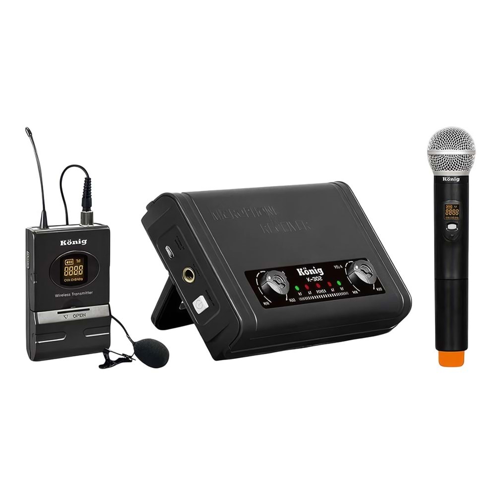 KÖNİG K-302 EY UHF-SABİT-ÇİFT KANAL 1 EL + 1 YAKA TELSİZ MİKROFON