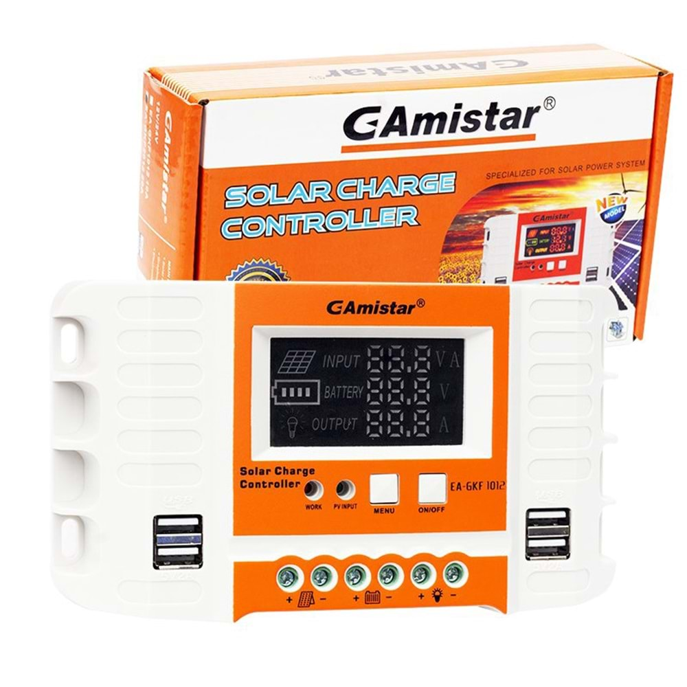 AMİSTAR GFK-1012 12 VOLT - 24 VOLT - 10 AMPER 4 USB'Lİ DİJİTAL OTOMATİK SOLAR ŞARJ REGÜLATÖRÜ