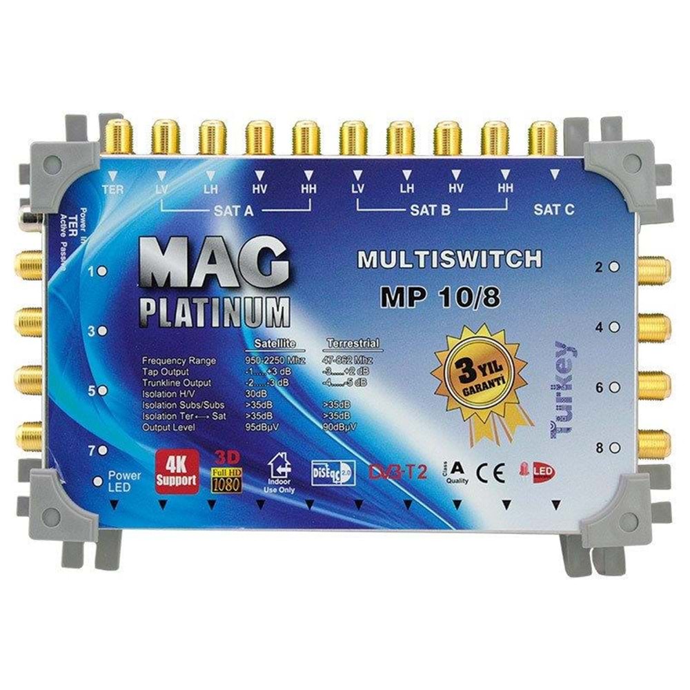 MAG Platinum MP 10/8 Multiswitch - 10 Giriş 8 Çıkışlı Merkezi Uydu Santrali Hybrid 4K ve 3D Destekli