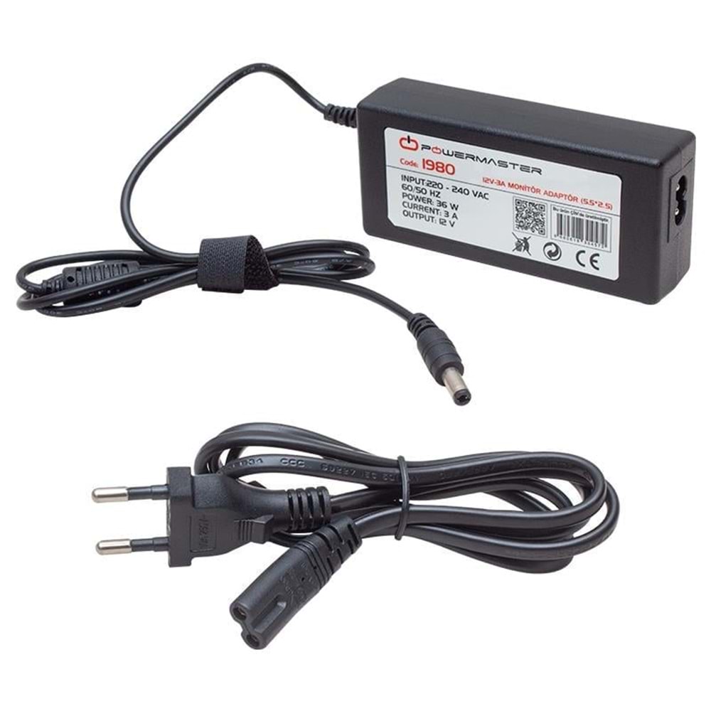 Powermaster PM-1980 12 Volt - 3 Amper - 36 Watt 5.5*2.5 Mm Uçlu Plastik Kasa Masaüstü Adaptör