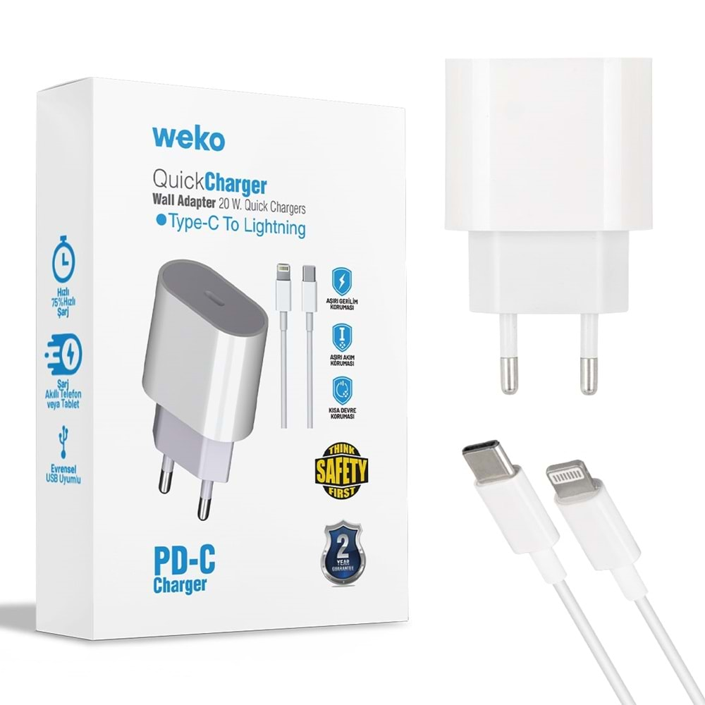 WEKO WK-21443 PD-C 20 WATT TYPE-C ŞARJ BAŞLIK ADAPTÖRÜ + TYPE-C TO LIGHTNING KABLO (NO:9)