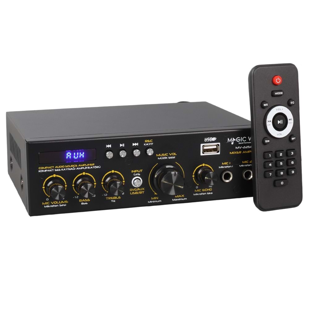 MAGICVOICE MV-22560 2X20W 4-8 OHM USB/SD GİRİŞLİ BLUETOOTH'LU 2 MİKROFON GİRİŞLİ TRAFOSUZ STEREO MİNİ ANFİ