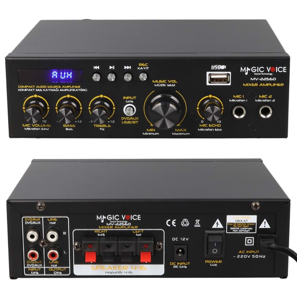 MAGICVOICE MV-22560 2X20W 4-8 OHM USB/SD GİRİŞLİ BLUETOOTH'LU 2 MİKROFON GİRİŞLİ TRAFOSUZ STEREO MİNİ ANFİ