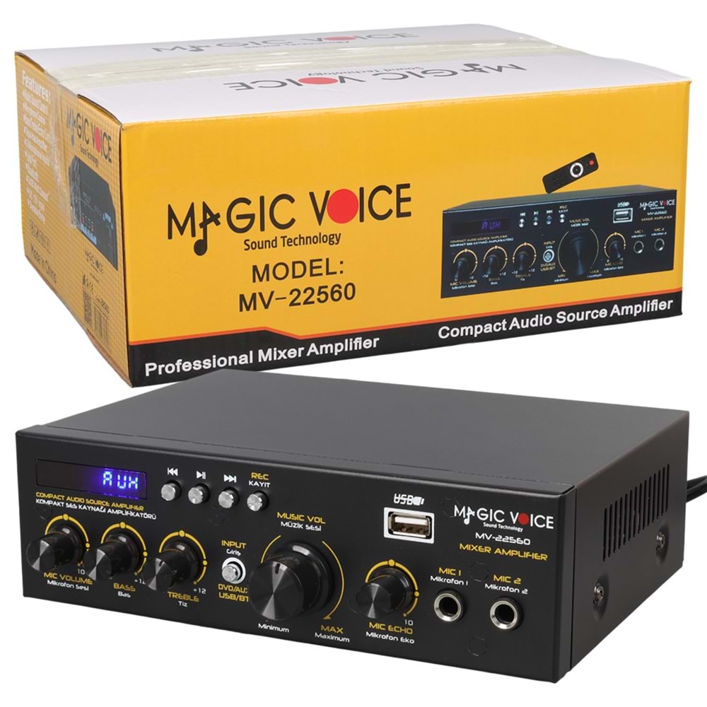 MAGICVOICE MV-22560 2X20W 4-8 OHM USB/SD GİRİŞLİ BLUETOOTH'LU 2 MİKROFON GİRİŞLİ TRAFOSUZ STEREO MİNİ ANFİ