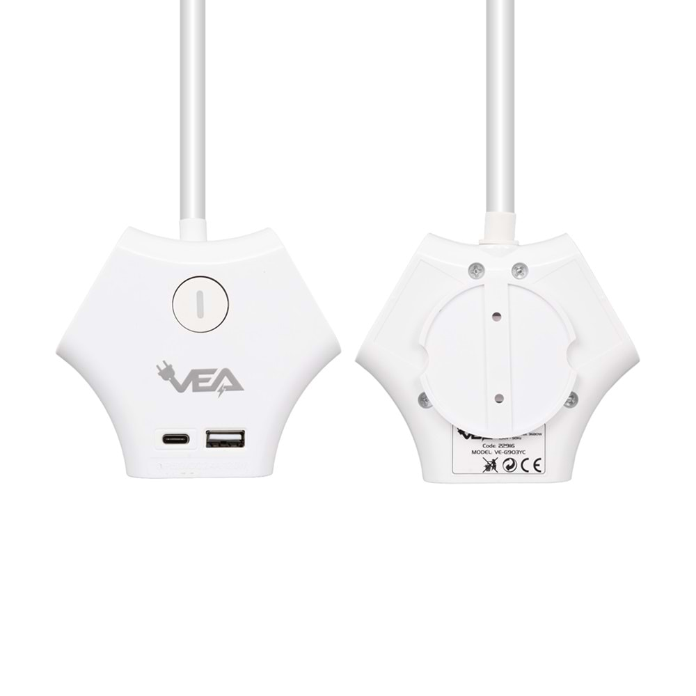 VEA VE-G903YC 3'LÜ USB+ TYPE-C GİRİŞLİ ANAHTARLI 1.5 METRE GRUP PRİZ