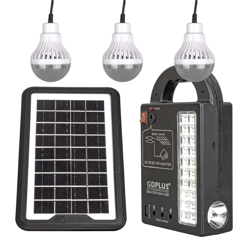POWERMASTER GD-999 GÜNEŞ PANELLİ 3 LAMBALI POWERBANK ÖZELLİKLİ ÇOK AMAÇLI ŞARJLI SOLAR AYDINLATMA