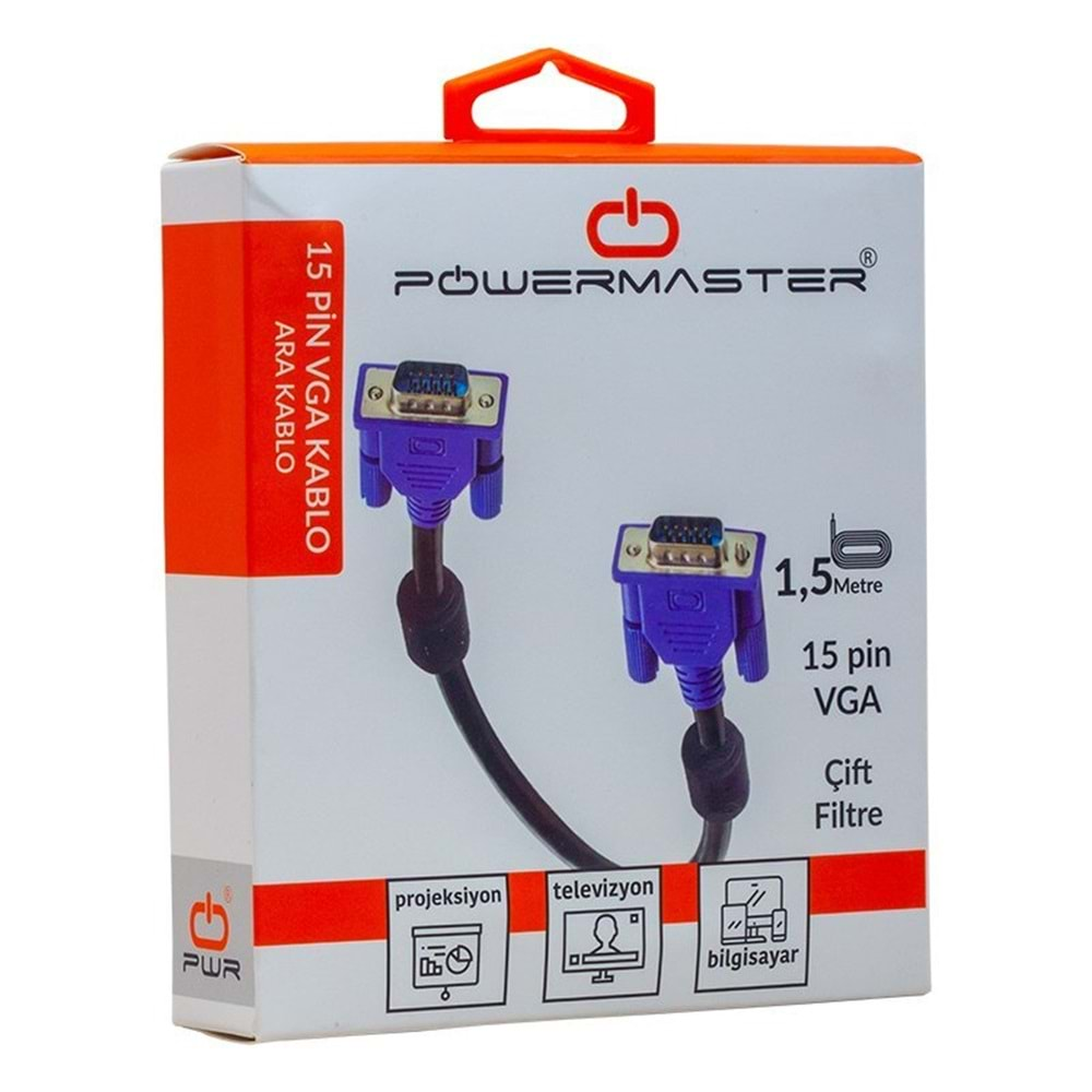 POWERMASTER VGA KABLO 15 PİN 3+6 ERKEK/ERKEK 1.5M KUTULU