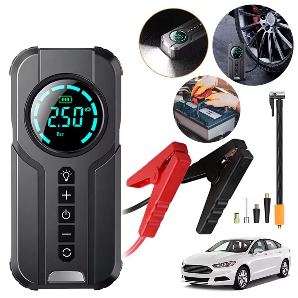 POWERMASTER PM-25006 POWERBANK AKÜ ŞARJ LASTİK HAVA KOMPRESÖRÜ ŞİŞİRİCİ TAŞINABİLİR DİJİTAL KABLOSUZ EL FENERİ