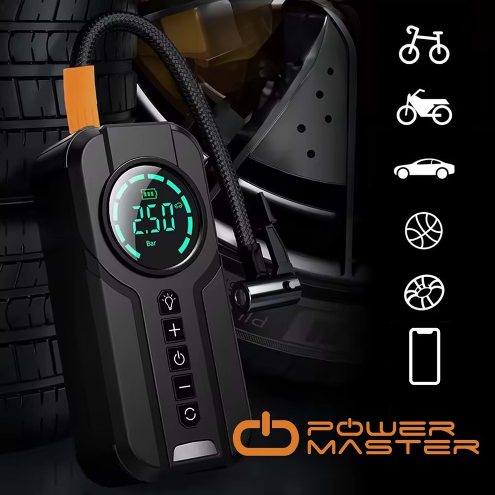 POWERMASTER PM-25006 POWERBANK AKÜ ŞARJ LASTİK HAVA KOMPRESÖRÜ ŞİŞİRİCİ TAŞINABİLİR DİJİTAL KABLOSUZ EL FENERİ