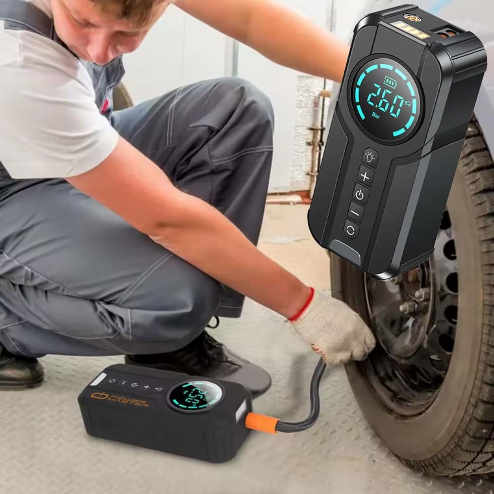 POWERMASTER PM-25006 POWERBANK AKÜ ŞARJ LASTİK HAVA KOMPRESÖRÜ ŞİŞİRİCİ TAŞINABİLİR DİJİTAL KABLOSUZ EL FENERİ