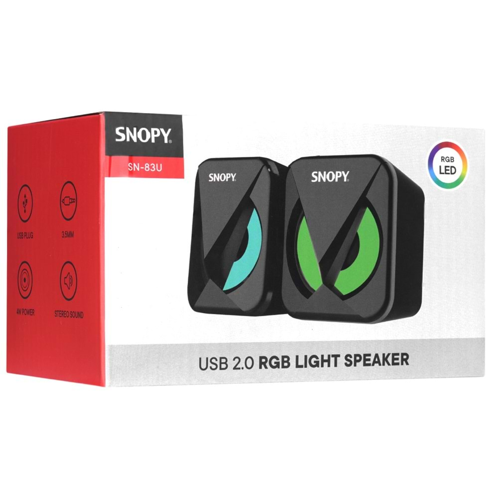 SNOPY SN-83U LED IŞIKLI 2W*2CH SİYAH USB 2.0 RGB IŞIKLI GAMİNG 1+1 MİNİ SPEAKER HOPARLÖR