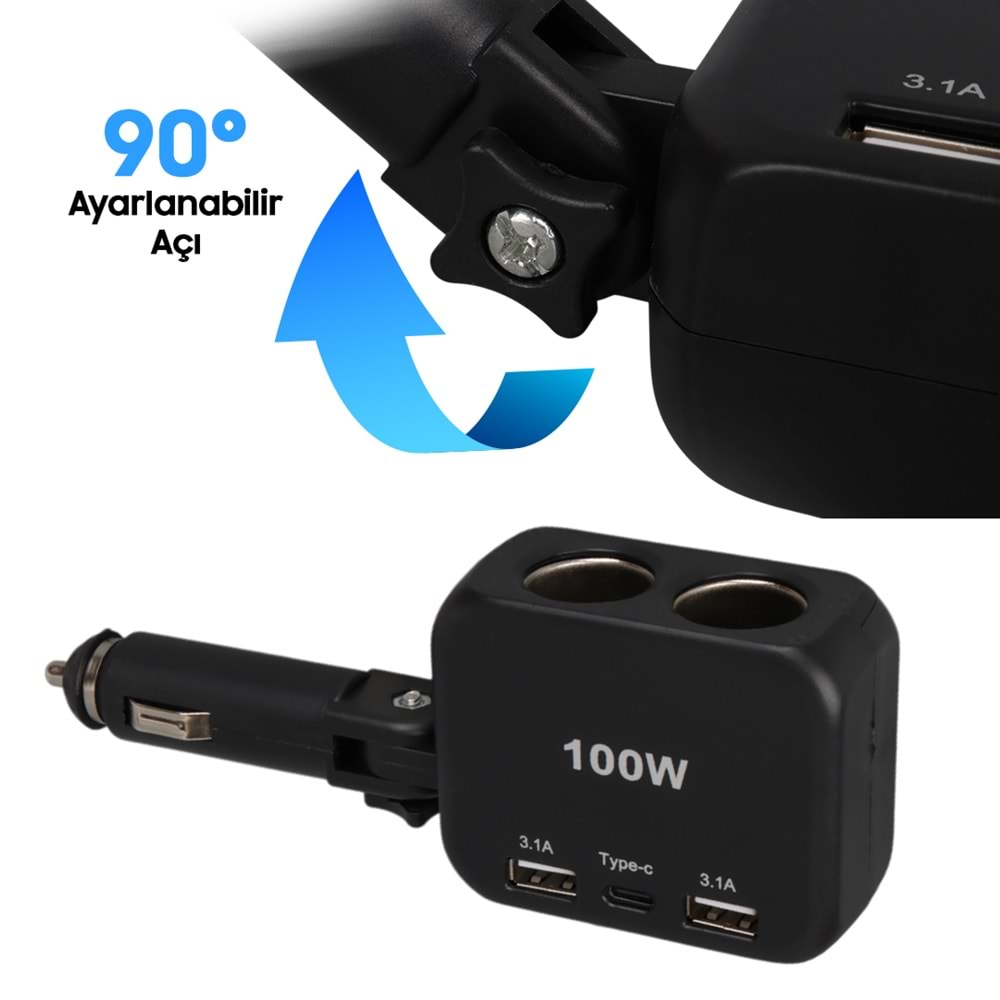 OLESSON 1655 12-24V TYPE-C + ÇİFT USB-A GİRİŞLİ 100W 2'Lİ ARAÇ ÇAKMAK ÇOKLAYICI