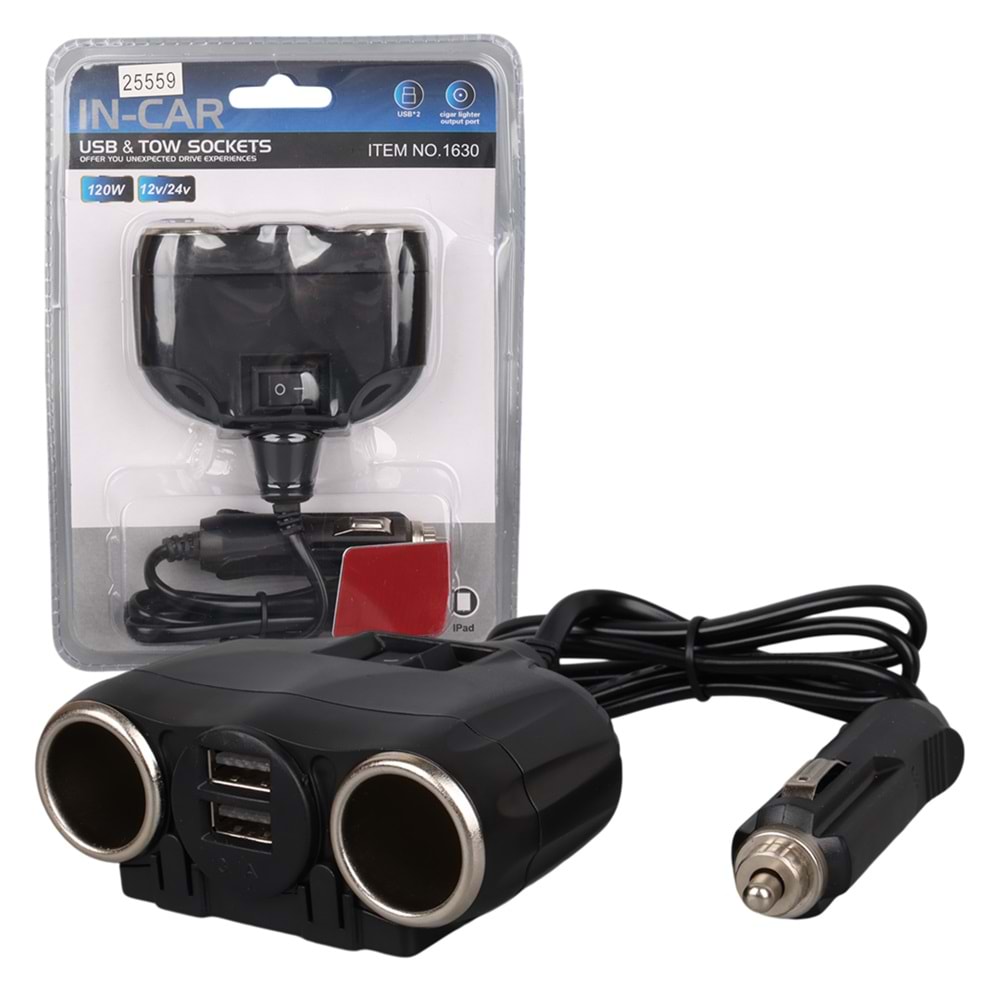 OLESSON 1630 12-24V ÇİFT USB GİRİŞLİ 120W 80CM KABLOLU 2'Lİ ARAÇ ÇAKMAK ÇOKLAYICI