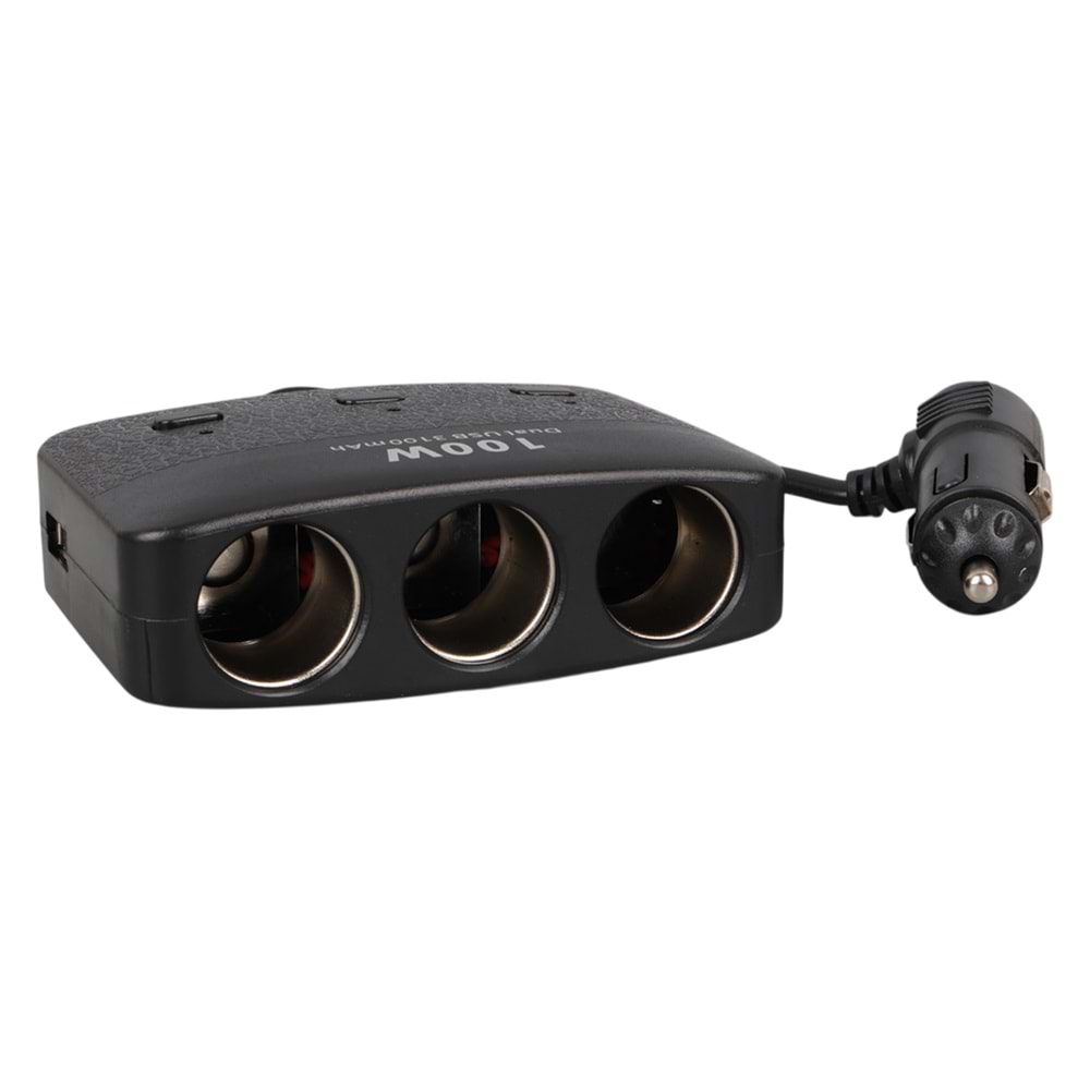 OLESSON 1636 12-24V ÇİFT USB GİRİŞLİ 100W 70 CM KABLOLU 3'LÜ ARAÇ ÇAKMAK ÇOKLAYICI
