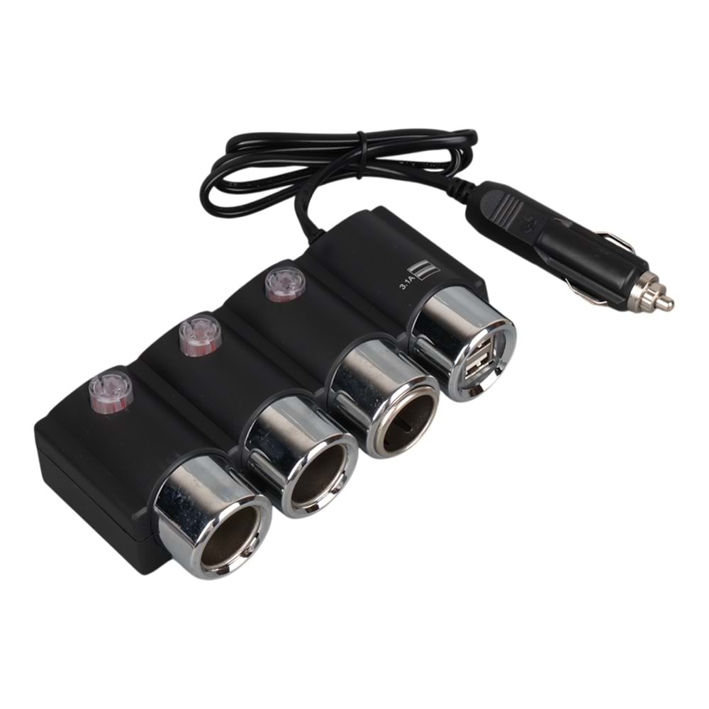 OLESSON 1508 12-24V ÇİFT USB GİRİŞLİ 120W 80CM KABLOLU 3'LÜ ARAÇ ÇAKMAK ÇOKLAYICI