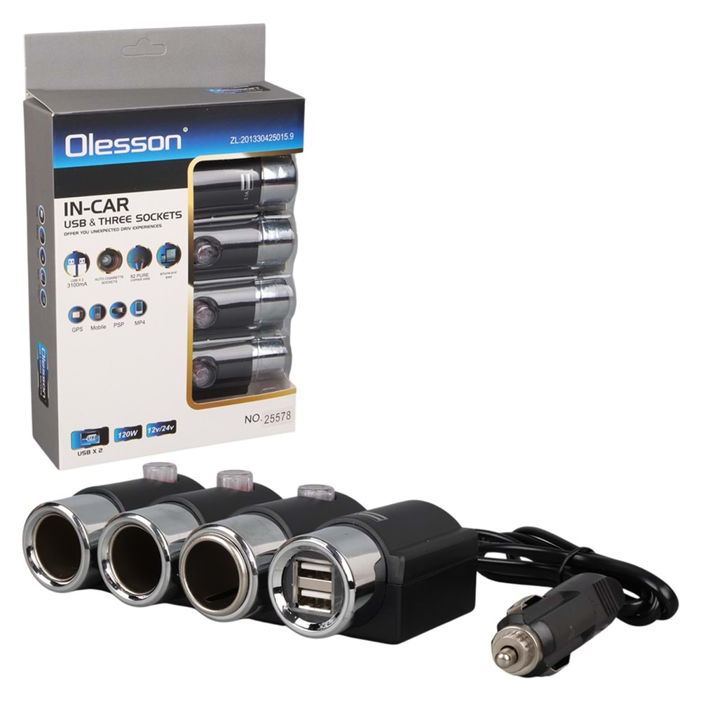 OLESSON 1508 12-24V ÇİFT USB GİRİŞLİ 120W 80CM KABLOLU 3'LÜ ARAÇ ÇAKMAK ÇOKLAYICI