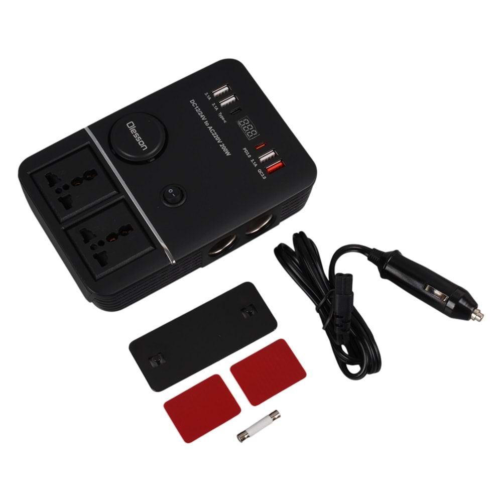 OLESSON 1661 DC 12-24V 200W OTO ARAÇ POWER İNVERTER 2X ÇAKMAK GİRİŞİ - 2X TYPE-C - 4X USB - 2X 220V ÜNİVERSAL PRİZ