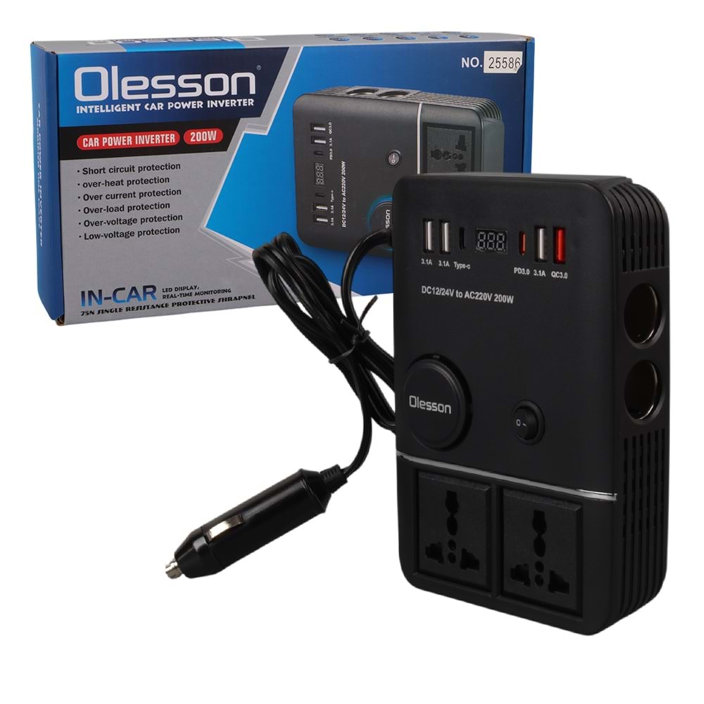 OLESSON 1661 DC 12-24V 200W OTO ARAÇ POWER İNVERTER 2X ÇAKMAK GİRİŞİ - 2X TYPE-C - 4X USB - 2X 220V ÜNİVERSAL PRİZ