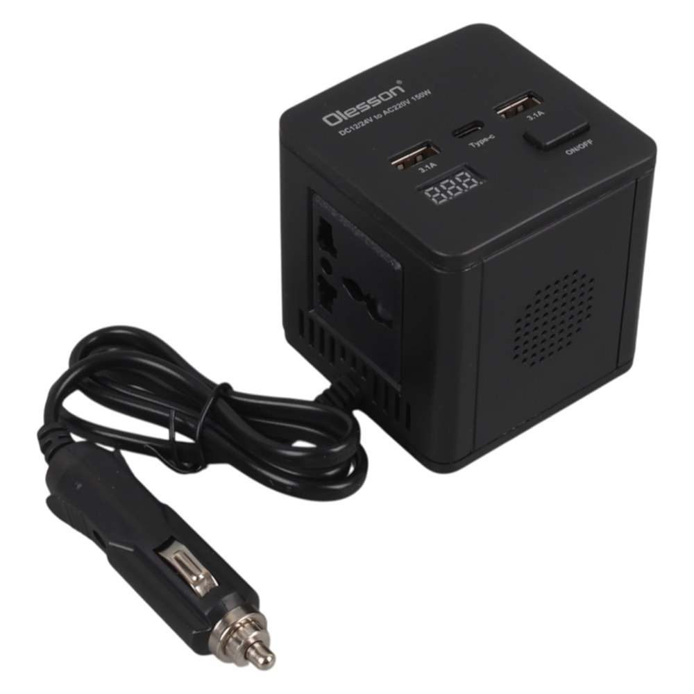 OLESSON 1663 DC 12-24V 150W OTO ARAÇ POWER İNVERTER TYPE-C - ÇİFT USB'Lİ - 220V ÜNİVERSAL PRİZ