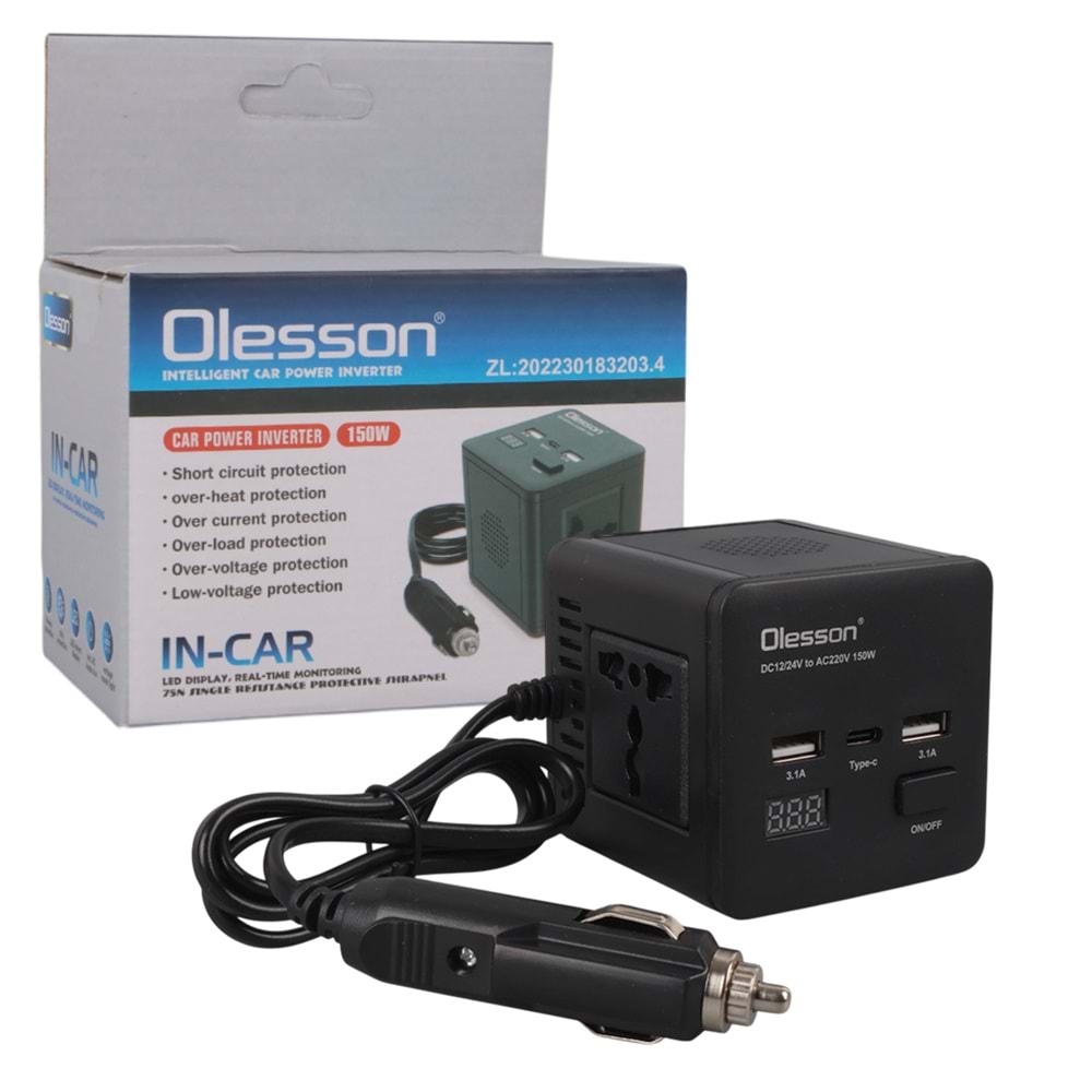 OLESSON 1663 DC 12-24V 150W OTO ARAÇ POWER İNVERTER TYPE-C - ÇİFT USB'Lİ - 220V ÜNİVERSAL PRİZ