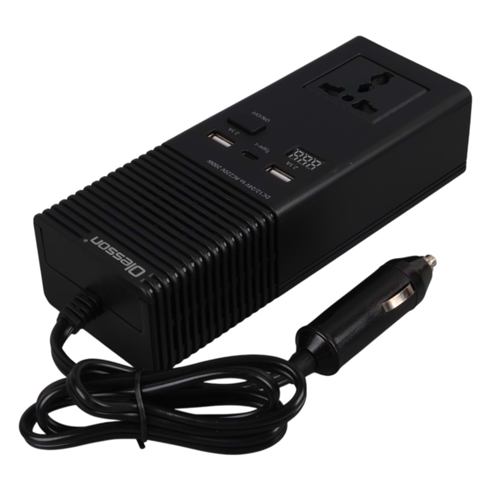 OLESSON 1665 DC 12-24V 200W OTO ARAÇ POWER İNVERTER EK ÇAKMAK GİRİŞİ - TYPE-C - ÇİFT USB - 220V ÜNİVERSAL PRİZ