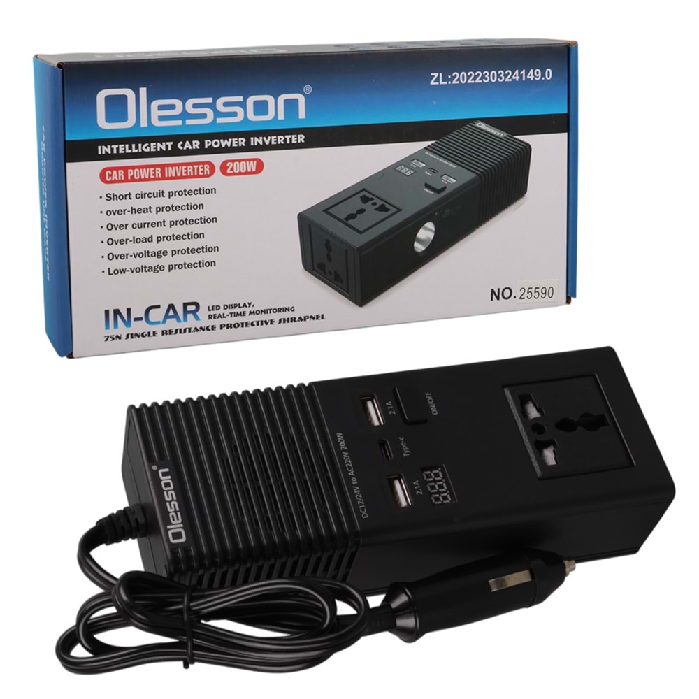 OLESSON 1665 DC 12-24V 200W OTO ARAÇ POWER İNVERTER EK ÇAKMAK GİRİŞİ - TYPE-C - ÇİFT USB - 220V ÜNİVERSAL PRİZ