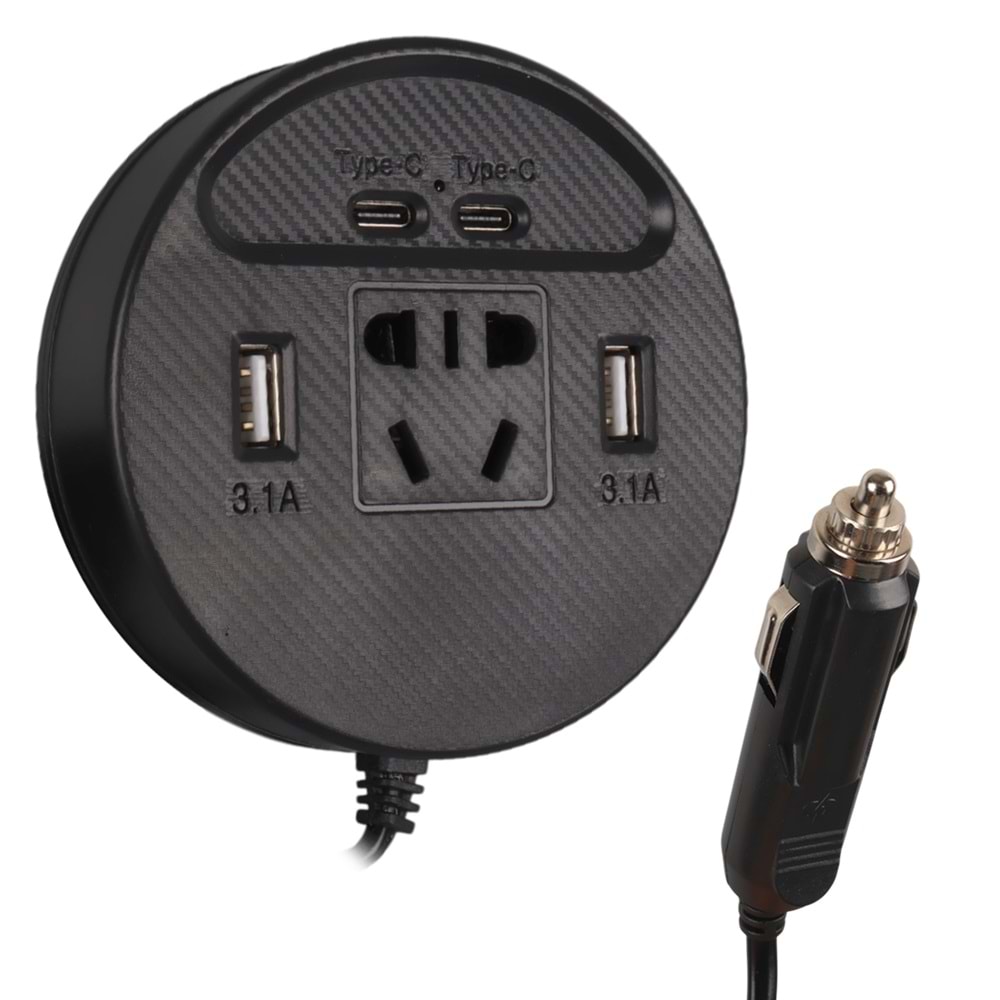 OLESSON 1667 DC 12-24V 150W OTO ARAÇ POWER İNVERTER ÇİFT TYPE-C - ÇİFT USB'Lİ - 220V ÜNİVERSAL PRİZ GİRİŞLİ