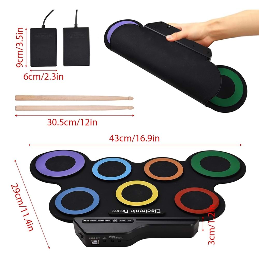 MAGICVOICE G3002R 7 PED GÖKKUŞAĞI RENKLİ ELEKTRONİK ROLL UP DAVUL KİTİ