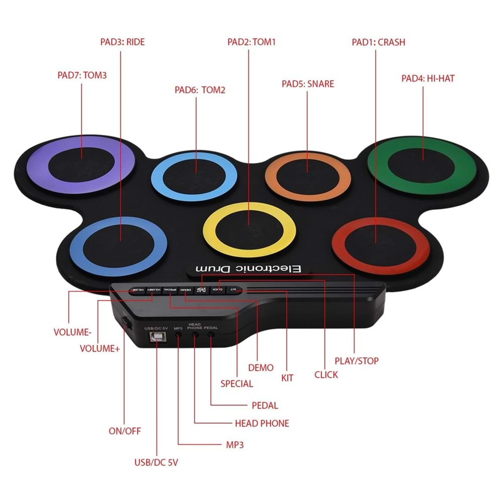 MAGICVOICE G3002R 7 PED GÖKKUŞAĞI RENKLİ ELEKTRONİK ROLL UP DAVUL KİTİ