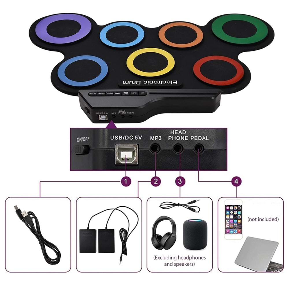 MAGICVOICE G3002R 7 PED GÖKKUŞAĞI RENKLİ ELEKTRONİK ROLL UP DAVUL KİTİ