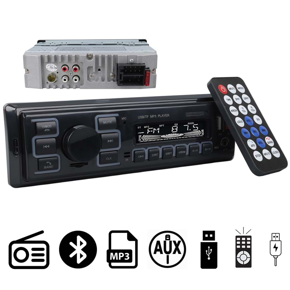 CARSTAR CS-970 7 RENKLİ ÇİFT USB/SD/FM/AUX/BLUETOOTH KUMANDALI OTO TEYP 4X60 WATT
