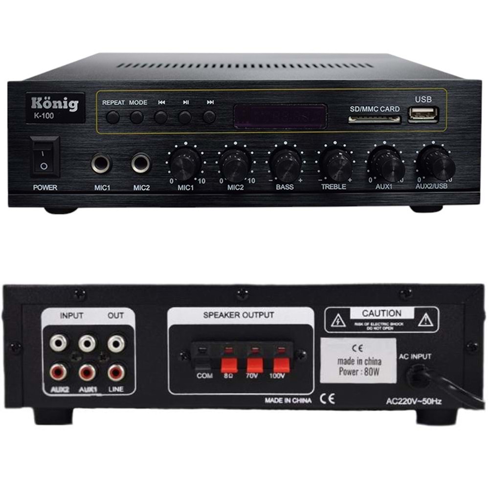 KÖNİG K-100 USB-BLUETOOTH DESTEKLİ 2 MİK. GİRİŞ 8 OHM 100/70V 80 WATT TRAFOLU ANFİ