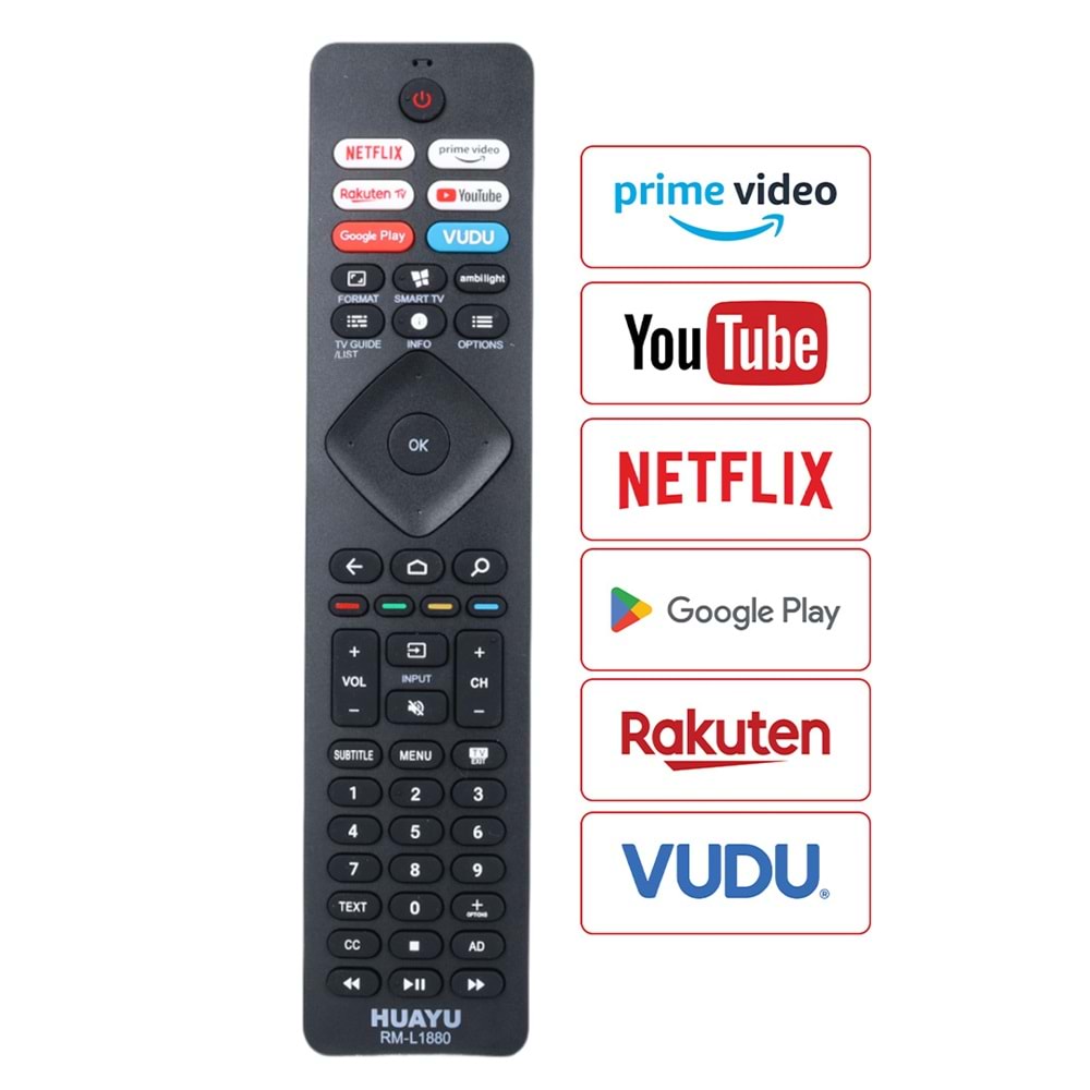 HUAYU KL RM-L1880 PHILIPS UNIVERSAL NETFLIX-PRIME VIDEO-RAKUTEN TV-GOOGLE PLAY-VUDU-YOUTUBE TUŞLU LCD LED TV KUMANDA