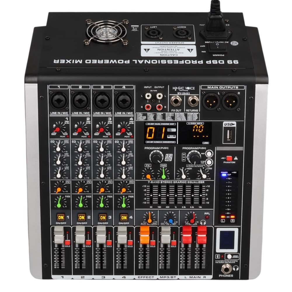 MAGICVOICE MV-26493 2X350 4 KANAL USB-SD-BLUETOOTH 5 BANT EQ-99 DSP EFK POWER MIXER