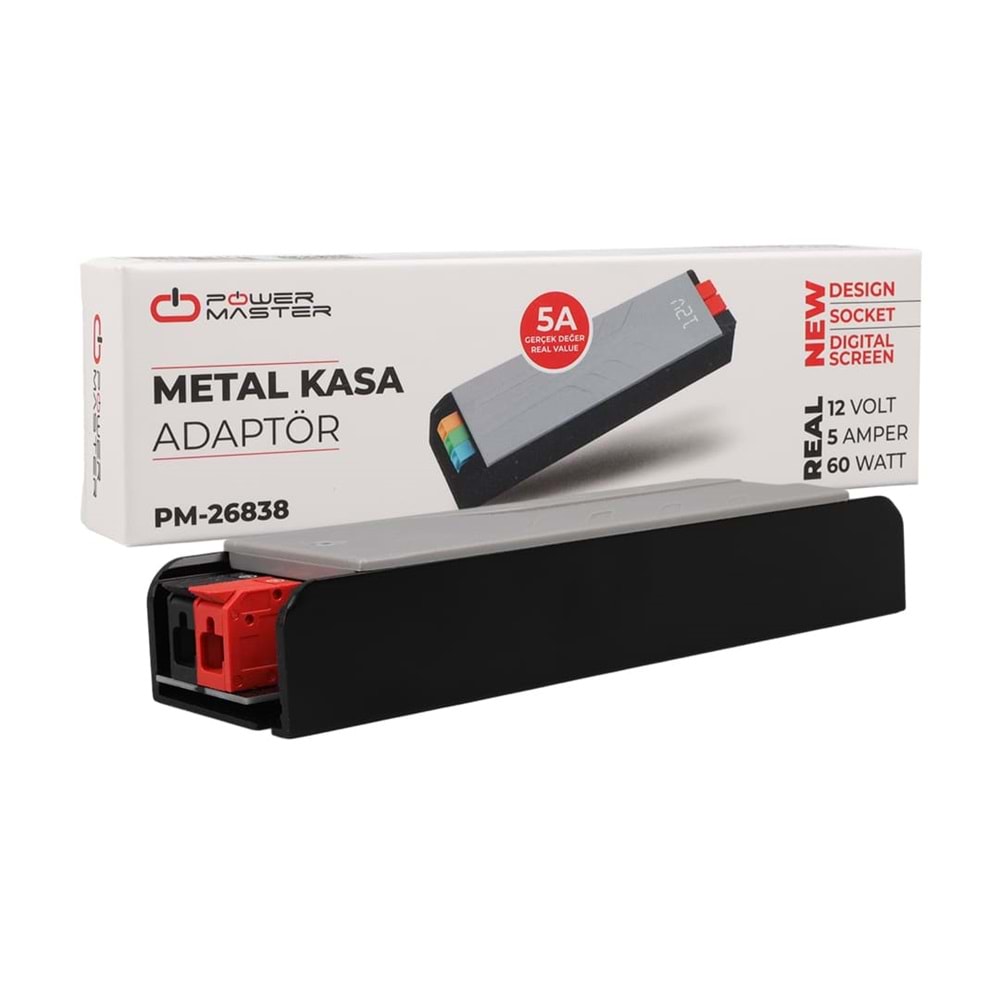 POWERMASTER PM-26838 12 VOLT 5 AMPER 60 WATT SLİM METAL KASA ADAPTÖR 148X43X27MM
