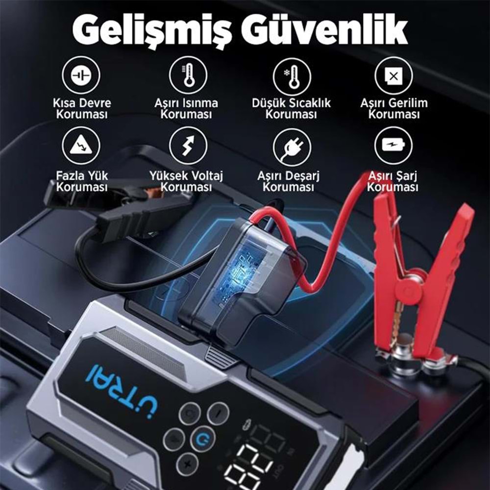 UTRAI JS-9 12-24V AKÜ ŞARJ POWERBANK LASTİK HAVA KOMPRESÖRÜ ŞİŞİRİCİ TAŞINABİLİR DİJİTAL KABLOSUZ EL FENERİ