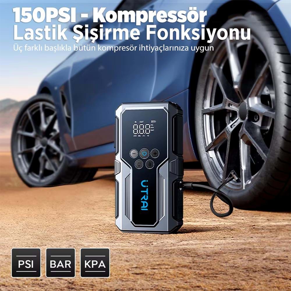 UTRAI JS-9 12-24V AKÜ ŞARJ POWERBANK LASTİK HAVA KOMPRESÖRÜ ŞİŞİRİCİ TAŞINABİLİR DİJİTAL KABLOSUZ EL FENERİ