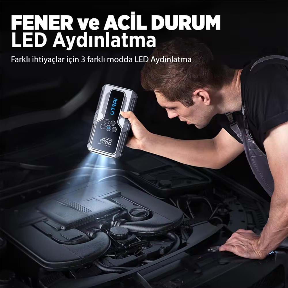 UTRAI JS-9 12-24V AKÜ ŞARJ POWERBANK LASTİK HAVA KOMPRESÖRÜ ŞİŞİRİCİ TAŞINABİLİR DİJİTAL KABLOSUZ EL FENERİ